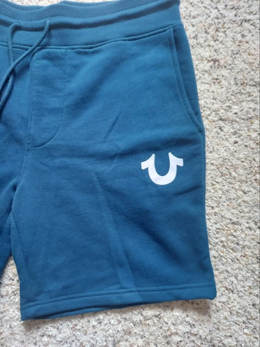 NWOT True Religion Horseshoe Logo Fleece Cotton Shorts Turquoise Blue Large